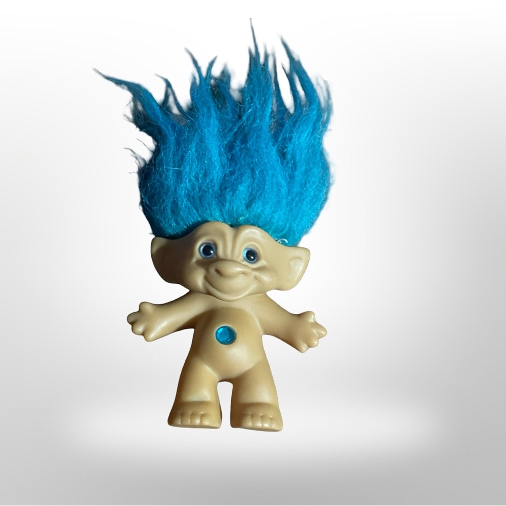 Vintage ACE Novelty Treasure Troll Teal‎ Blue Circle Wishstone & Hair 5"
